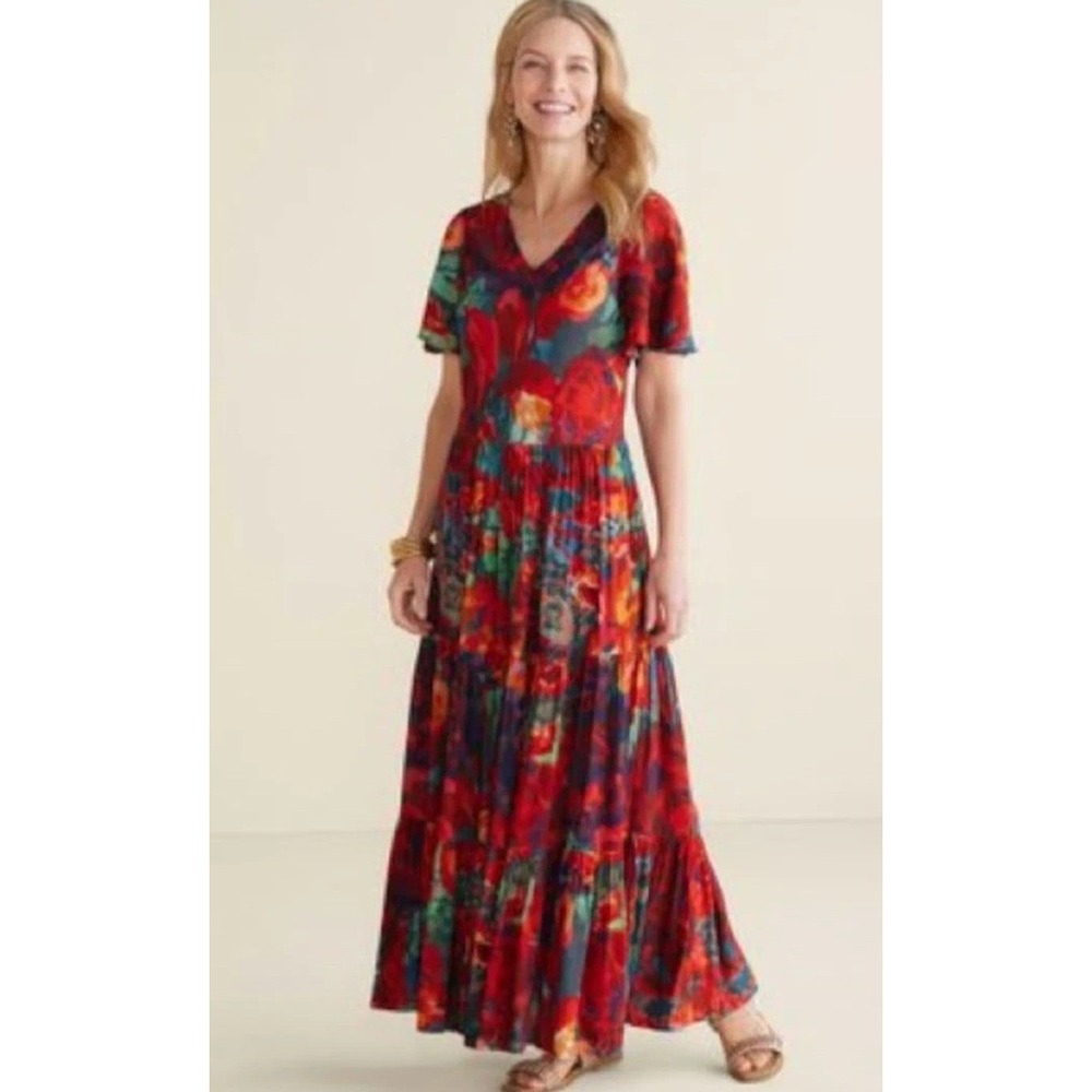 Soft Surroundings Floral Maxi Dress Red Blue V-Neck Flutter Sleeve‎ Tiered  XS